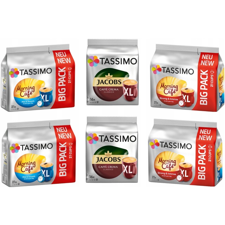 Комплект капсули кафе Jacobs TASSIMO Morning Crema XXL, 116 капсули, смес Арабика и Робуста, 1000g