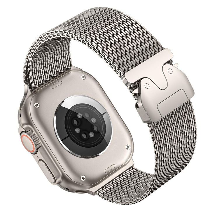 Curea din titan pentru Apple Watch Ultra 3，Bratara Milanese din titan，Aliaj de titan gradul 2，44/45/46/49mm，Bratara cu lant de metal si inchizatoare tip parasuta，Durabil ，Reglabil， Prietenos cu pielea，Culoare titan