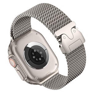Curea din titan pentru Apple Watch Ultra 3，Bratara Milanese din titan，Aliaj de titan gradul 2，44/45/46/49mm，Bratara cu lant de metal si inchizatoare tip parasuta，Durabil ，Reglabil， Prietenos cu pielea，Culoare titan
