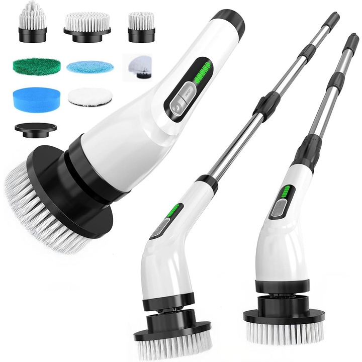 Perie electrica rotativa pentru curatare, VANTHEIR, 9 capete de perie, 3 viteze, alb
