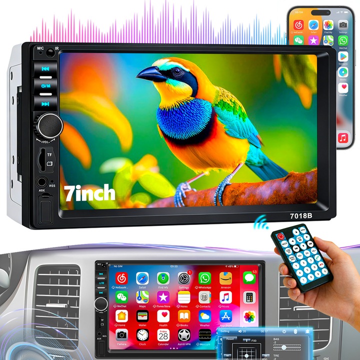 Navigatie Auto, Yulinland®️, 7018B Player Multimedia Auto, Wireless, 7inch Touchscreen, Bluetooth, Telefon mobil Mirror Link, Redare Multi-Format, Negru