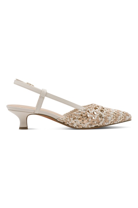 Marco Tozzi, Pantofi slingback cu toc si aspect crosetat, Alb/Maro nisip