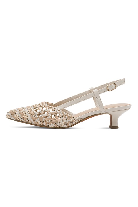 Marco Tozzi, Pantofi slingback cu toc si aspect crosetat, Alb/Maro nisip
