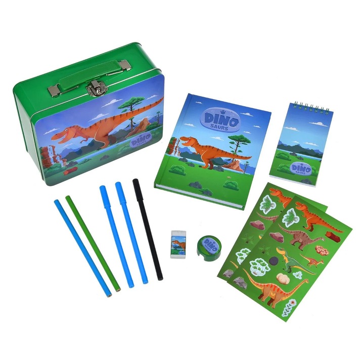 Set școlar cu penar metalic, verde, 11 accesorii, 13, 5x18, 5cm, 7x15cm