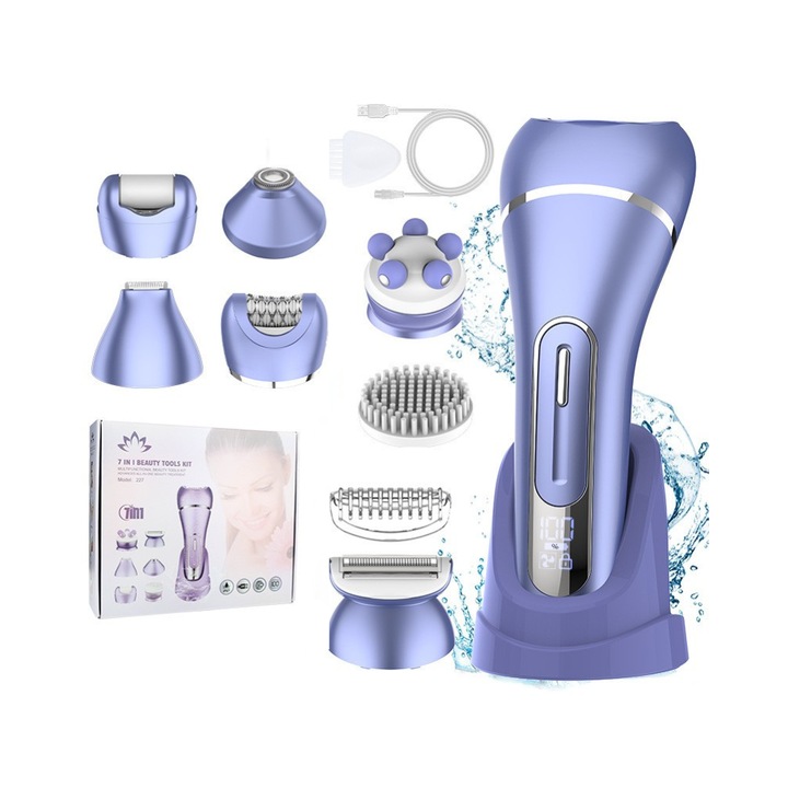 Epilator electric 7 in 1 pentru femei, aparat de ras electric dama, rasier electric feminin, trimmer intim bikini femei, epilator zona intima, axile si picioare, aparat epilat electric, rezistent la apa IPX7, afisaj LED, wet & dry, mov, FilSAB