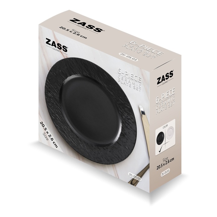 ZASS ZG-DS 03 Fekete – 6 darabos kerámia tányérkészlet kő textúrával