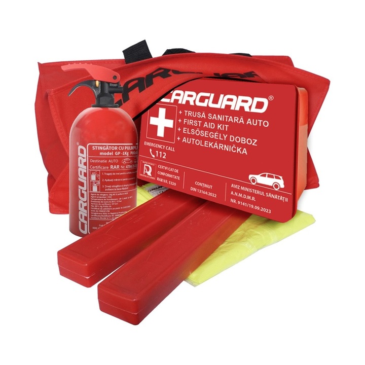 Set kit siguranță auto CARGUARD, stingător pulbere 1kg, trusă medicală, vestă reflectorizantă XL, 2 triunghiuri reflectorizante, geantă organizator portbagaj 44x20x18cm
