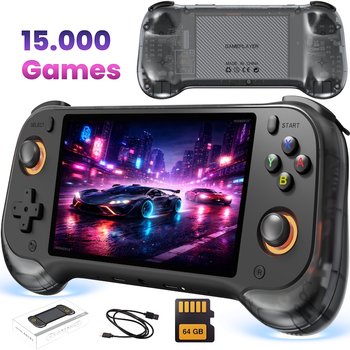 Портативна конзола за игри, Конзола за игри с 15000 вградени игри, Гейминг конзола 5.5" IPS HD дисплей, RK3566 Quad Core 64-bit, Батерия 5000 mAh, Linux, Hall джойстик с LED, Mini HDMI към TV, Мултиплейър режим, Конзола за деца и възрастни, INOMEVIX®