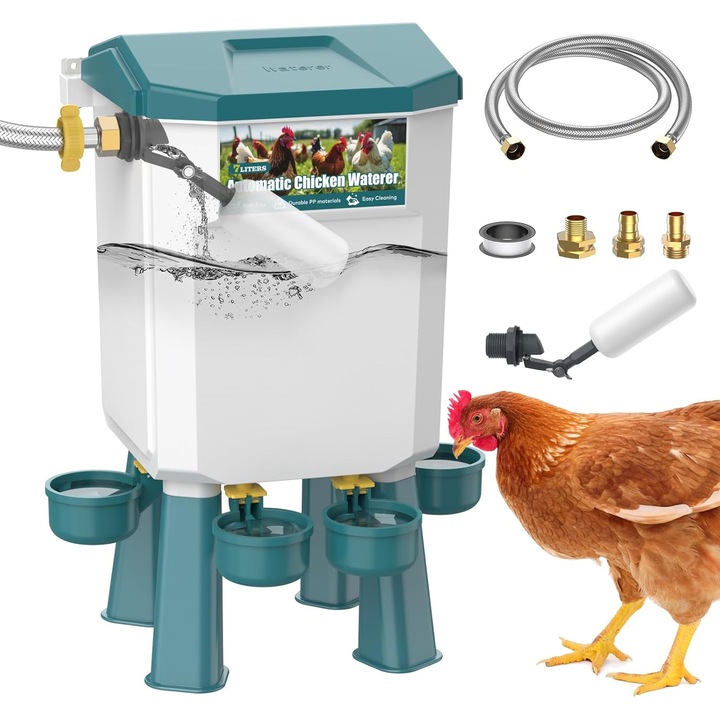Adapatoare automata pentru pasari, Bedee, 7L, Supapa cu plutitor pentru gestionarea debitului de apa, cupe de adapatoare pentru pui de 6 cm, cu furtun de apa de 1,5 m si 3, pe termen lung si fara scurgeri, 41 * 23 cm