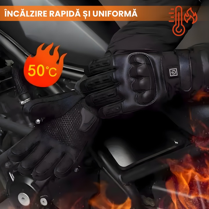 Електрически мотоциклетни ръкавици, Juls, комплект с Powerbank 5000 mAh, отопляеми, черни, презареждащи се, водоустойчиви