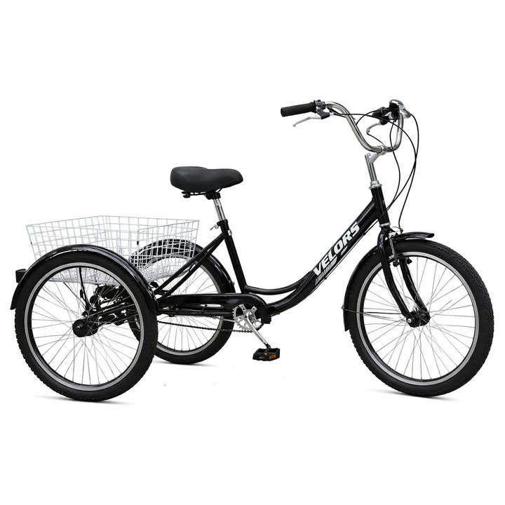 Bicicleta Triciclu cu Roti de 20", Echipare Shimano, Frana fata V-Brake/spate Tambur, 7 viteze, negru/alb, Tricicleta Velors Genius Senior 20 cu cadru din Otel