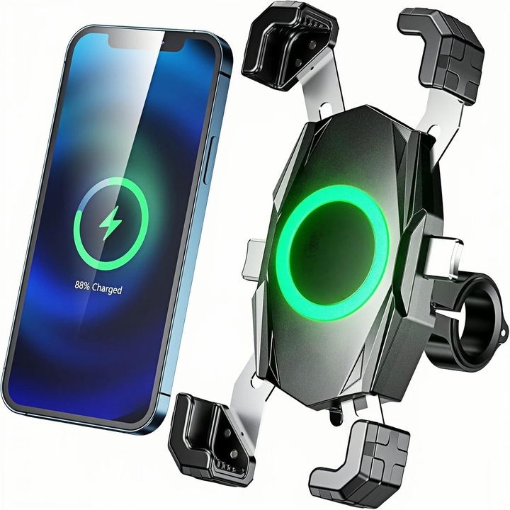 Suport telefon moto atv scuter, MOSMAOO®, cu incarcare wireless 15W si port USB-C rapid 20W, blocare automata la o apasare, rezistent la apa IP66, compatibil cu telefoane 4.0-6.9”, pentru ghidon