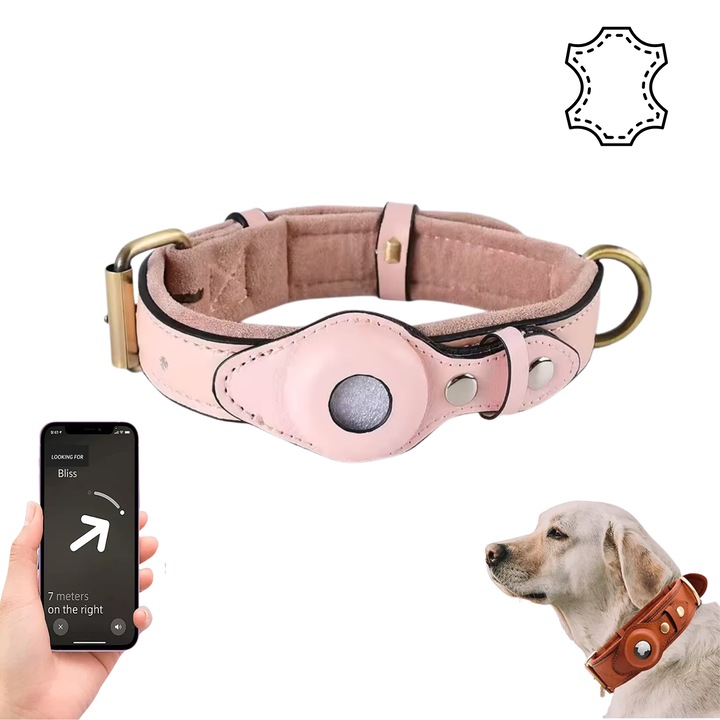 Zgarda din piele naturala BIZAIMO pentru Caini, Compatibila cu AirTag, Ajustabila, Roz, Marimea L, 66 cm