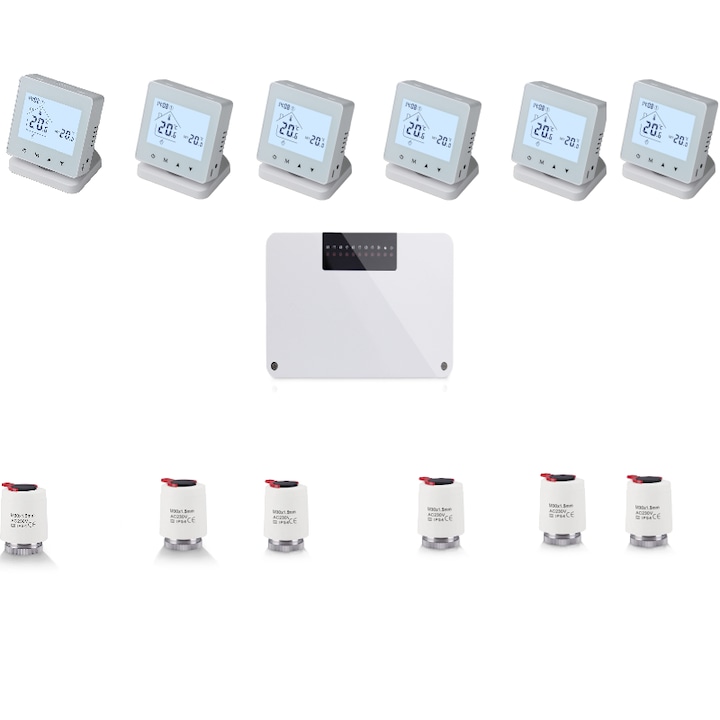 Sistem automatizare 6 zone incalzire in pardoseala OCVITEH cu centru comanda wireless, 6 termostate inteligente, 6 actuatoare, interior