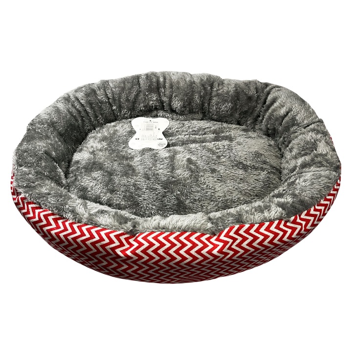 Pat pufos pentru caini si pisici, oval, cu model zig-zag, 45x40 cm, inaltime 10 cm, interior gri, confort termic si suport, marime L, rosu