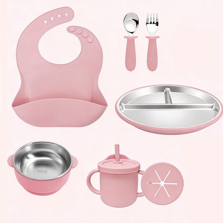 Set tacamuri bebelusi, inox, farfurie cu ventuza, bol, pahar cu pai, sort reglabil, roz