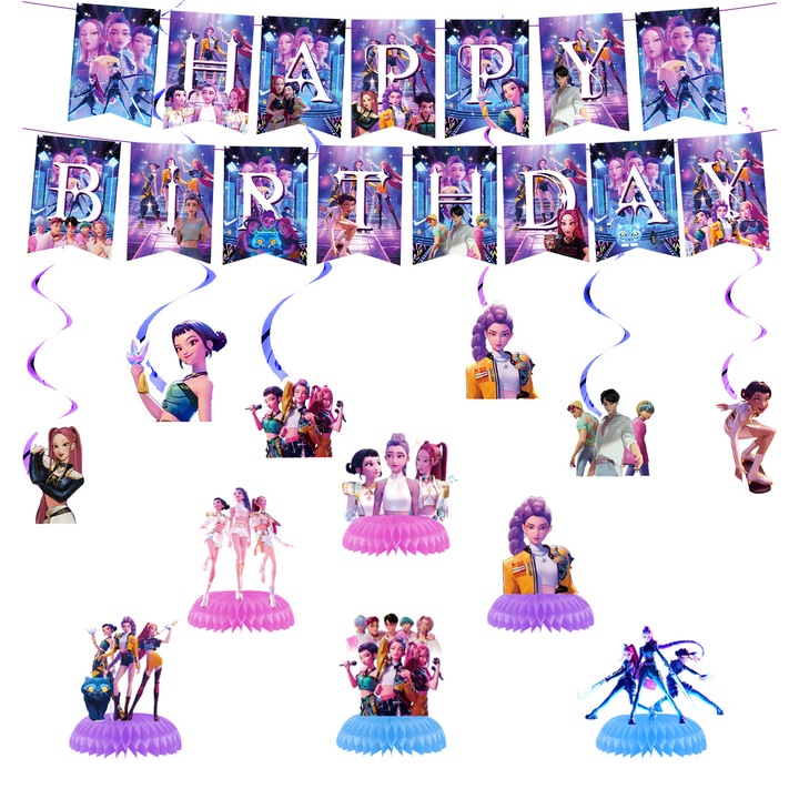 Комплект декорация за парти на тема Ловец на чудовища, банер, спирали и 3D орнаменти, 3 броя, многоцветен