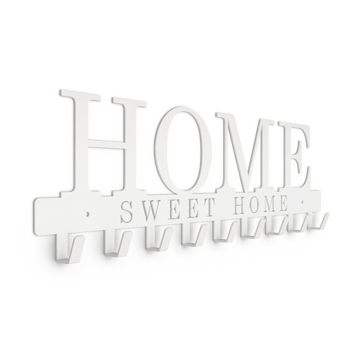 Cuier perete metalic pentru hol si jachete, 9 carlige, alb