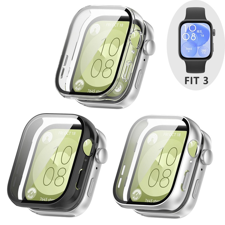 Комплект от 3 калъфа за Huawei Watch FIT 3, FunShop, Твърд PC калъф с пълно покритие, 9H защита на екрана от стъкло, Предотвратява надраскване на екрана, Черен/Сребрист/Прозрачен