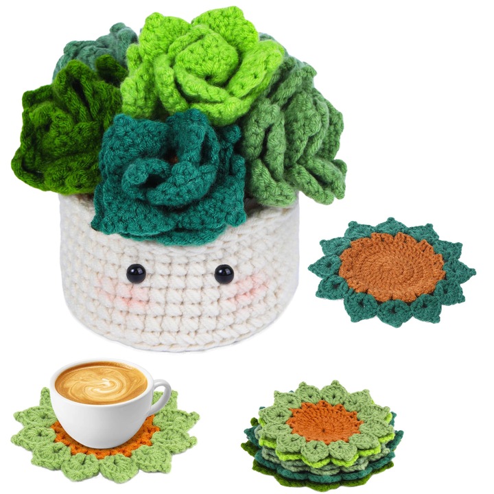 Set pentru crosetat pentru incepatori, 6 suporturi de pahar, Usor de realizat, perfect pentru incepatori, Exercitati abilitatile practice, OUYLAF, multicolor