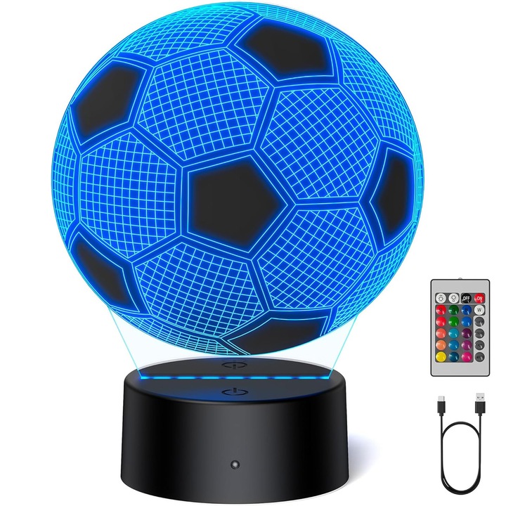 Lampa de veghe 3D FooFoony fotbal cu 7 culori schimbabile, albastru cu negru, decorativă pentru copii