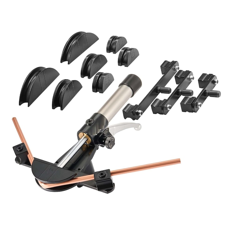 Dispozitiv de indoit tevi cupru si aluminiu, 6-22 mm, Unghi maxim de indoire 90°, 7 matrite, sistem hidraulic