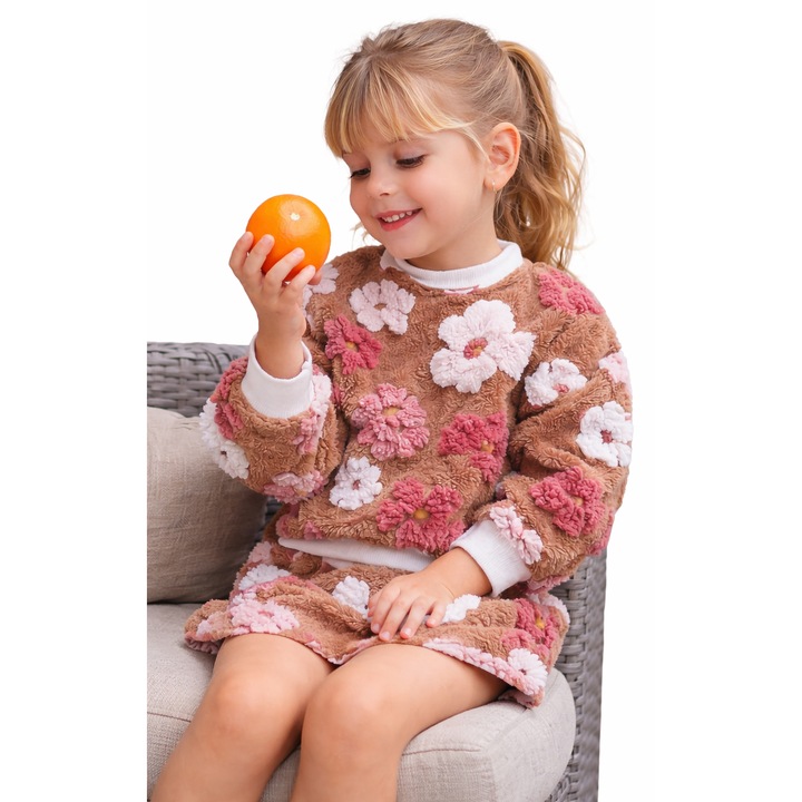 iDO kislány pulóver 3D virágmintás hímzéssel, különleges anyagból, barna