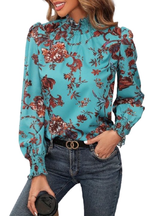 Camasa eleganta office, model floral, cu volane la maneci, rosie, Albastru