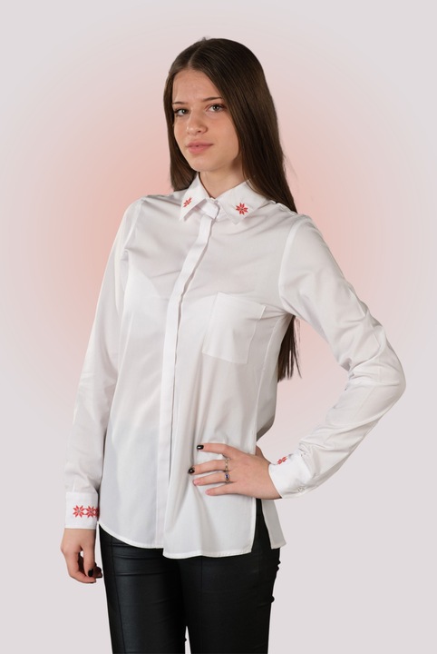 Camasa Dama, Suavette, brodata manual, motive traditionale, bumbac organic si fibra de bambus, alb, XS INTL