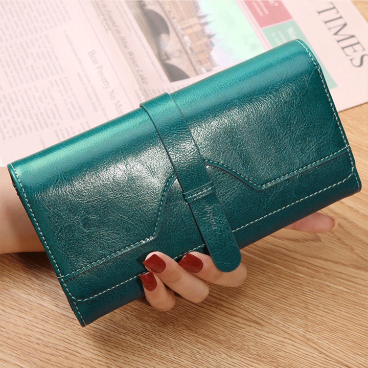 Portofel Dama din Piele Naturala, Portmoneu Elegant pentru Femei, Compartimentat pentru Carduri, Bancnote, Monede si Buletin, cu Design Modern, 19x10.5x2.5 cm, Verde Smarald, PriStyle®