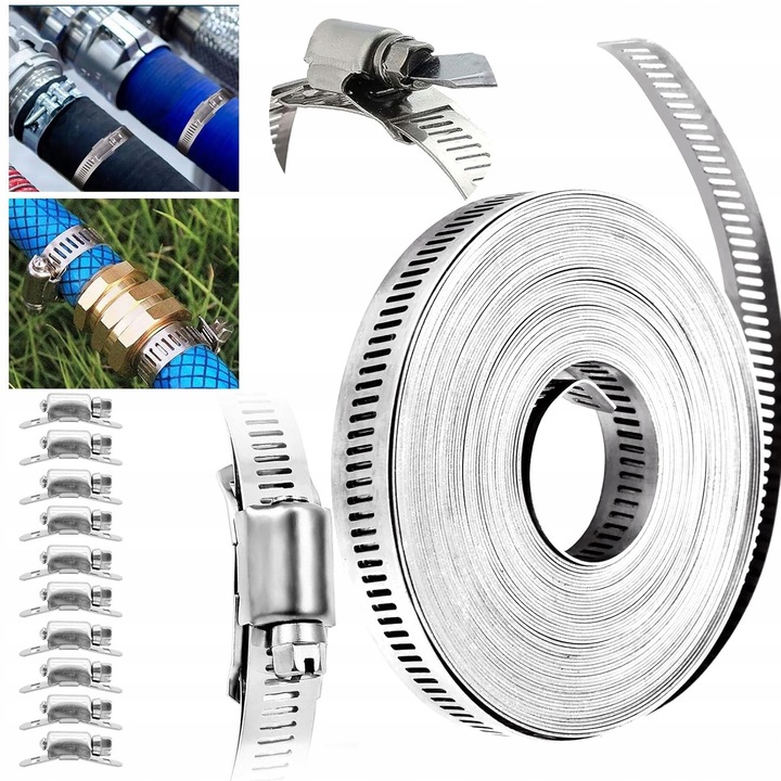 Set cleme metalice reglabile din otel inoxidabil, 3.5m, argintiu, 12.6mm