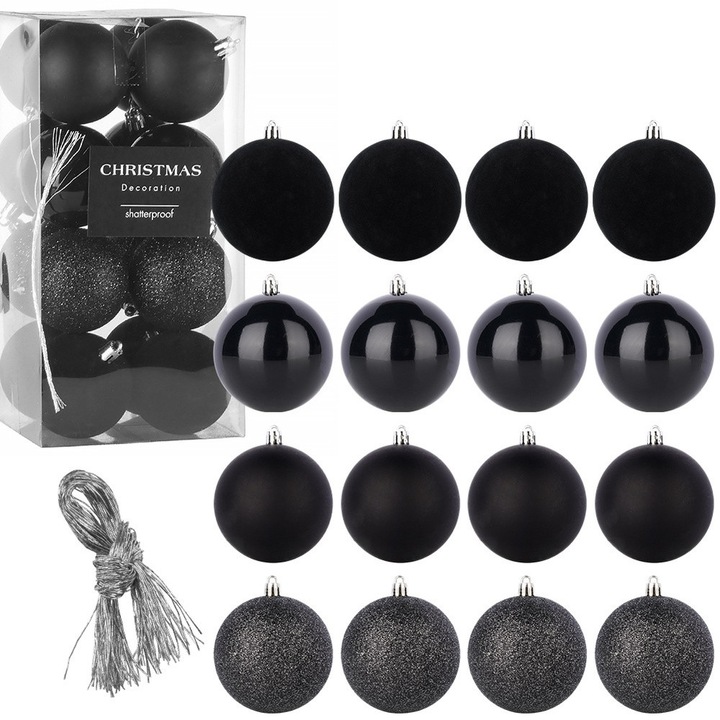 Set Globuri De Craciun, Decoratiuni Pentru Acasa, 16 Bucati, 6 cm, Nefractibile, Fabricate Din Plastic, Diametru 6 cm, Mate, Lucioase, Cu Sclipici Si Din Catifea, Negre