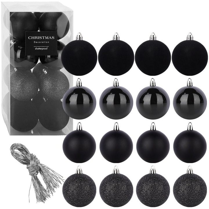 Set Globuri De Craciun, Decoratiuni Pentru Acasa, 16 Bucati, 8 cm, Netransparente, Fabricate Din Plastic, Diametru 8 cm, Mate, Lucioase, Cu Sclipici Si Din Catifea, Negre