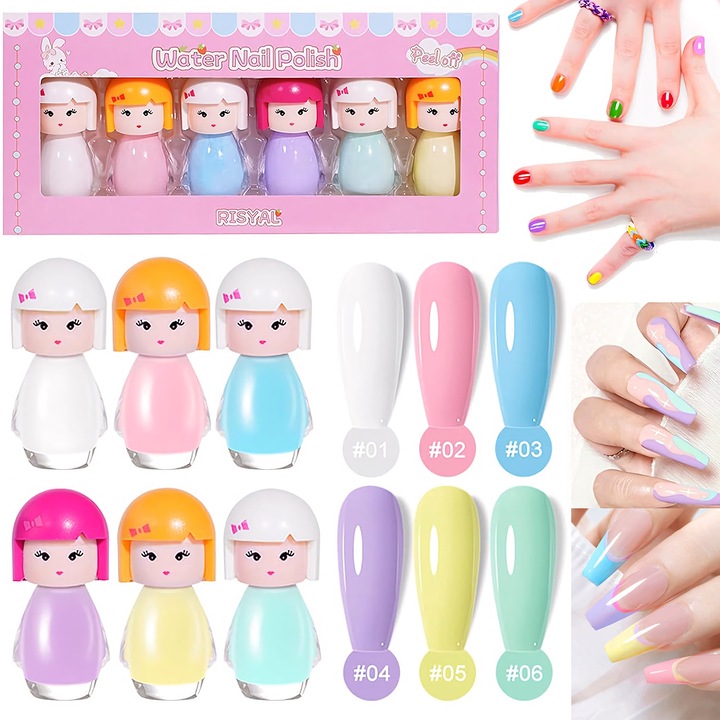 Set manichiura Martinelia, BYONDSELF®, Oja pentru copii, pe Rezina Naturala, Uscare Rapida, Se Desprinde Usor, 6 Piese, Design Flacon cu Papusa, Copii Cadouri, Culori Bomboane/Multicolor