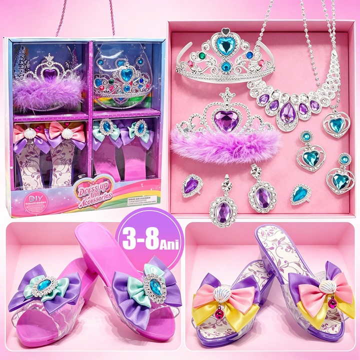 Set Cadou Fetite, BYONDSELF®, 10 Piese, cu 2 Colier, 2 Cercei, 2 Inele, 2 Coroana si 2×Pantofi Toc Inalt, Design Unic, Culori Vii, pentru Fete de 3-8 Ani, Craciun, Halloween, Ziua, Fantasy de Printesa, Violet/Albastru