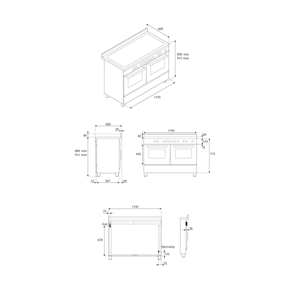 Aragaz cu plita pe inductie si cuptor electric Bertazzoni, 120 cm, colectie Professional, 5 zone de gatit, 2 flex-zone+Booster, plita Teppanyaki, cuptor 2x69 litri, 11 moduri gatire, indicator caldura reziduala, panou tactil si mecanic, negru