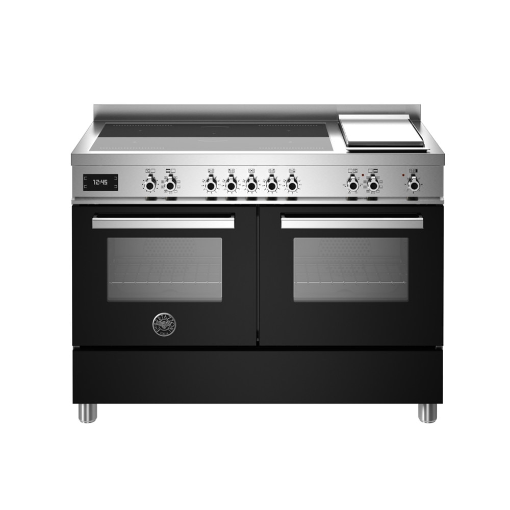 Aragaz cu plita pe inductie si cuptor electric Bertazzoni, 120 cm, colectie Professional, 5 zone de gatit, 2 flex-zone+Booster, plita Teppanyaki, cuptor 2x69 litri, 11 moduri gatire, indicator caldura reziduala, panou tactil si mecanic, negru