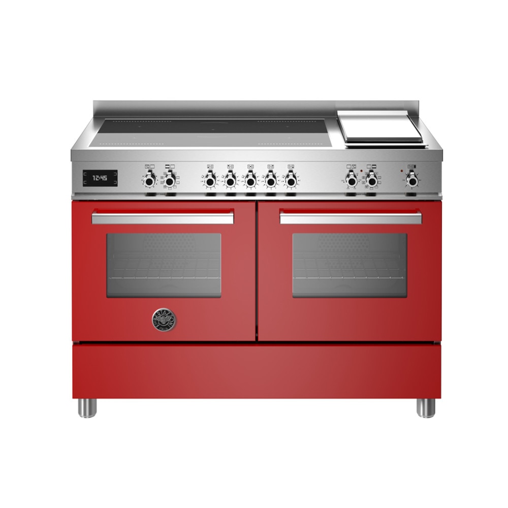 Aragaz cu plita pe inductie si cuptor electric Bertazzoni, 120 cm, colectie Professional, 5 zone de gatit, 2 flex-zone+Booster, plita Teppanyaki, cuptor 2x69 litri, 11 moduri gatire, indicator caldura reziduala, panou tactil si mecanic, rosu