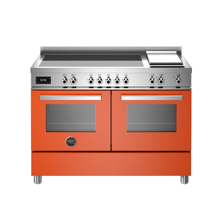 Aragaz cu plita pe inductie si cuptor electric Bertazzoni, 120 cm, colectie Professional, 5 zone de gatit, 2 flex-zone+Booster, plita Teppanyaki, cuptor 2x69 litri, 11 moduri gatire, indicator caldura reziduala, panou tactil si mecanic, portocaliu
