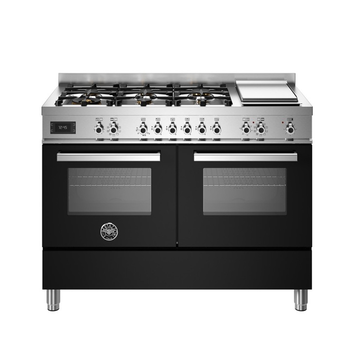 Aragaz pe gaz Bertazzoni, colectie Professional, latime 120 cm, 6 arzatoare, 2 cuptoare electrice 138 l, temperatura reglabila max. 250°C, 11 functii de gatit, convectie, iluminare interioara, termometru integrat, sticla triplustratificata, negru