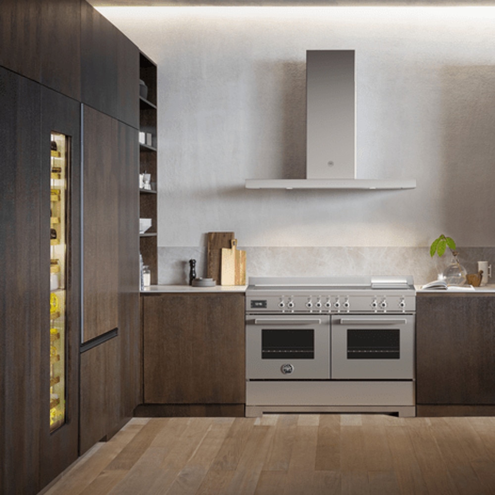 Aragaz cu plita pe inductie si cuptor electric Bertazzoni, 120 cm, colectie Professional, 5 zone de gatit, 2 flex-zone+Booster, plita Teppanyaki, cuptor 2x69 litri, 11 moduri gatire, indicator caldura reziduala, panou de control tactil si mecanic, inox