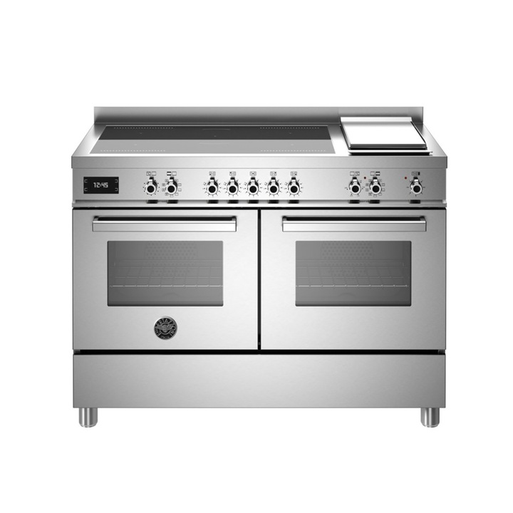 Aragaz cu plita pe inductie si cuptor electric Bertazzoni, 120 cm, colectie Professional, 5 zone de gatit, 2 flex-zone+Booster, plita Teppanyaki, cuptor 2x69 litri, 11 moduri gatire, indicator caldura reziduala, panou de control tactil si mecanic, inox