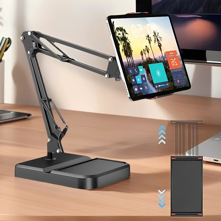 Suport pentru Tableta si Telefon, Bedee, Inaltime si Unghi Reglabile, Pliabil, Portabil, Antiderapant, Ergonomic, Stabila, Ideal Birou si Calatorii, Negru