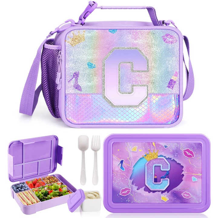 Iskolai uzsonnás doboz, hőszigetelt táskával, 1330 ml, 6 rekeszes, rózsaszín/lila