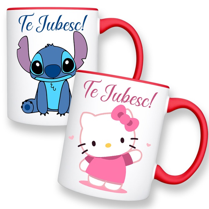 Set 2 cani pentru indragostiti cu mesaj: Te iubesc, Model 1, alba cu interior rosu, 330ml, ceramica