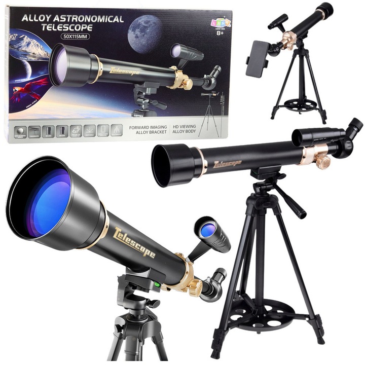 Teleskop astronomic educational, 50mm, 30x/60x, cu stativ aluminiu 1.35m si accesorii