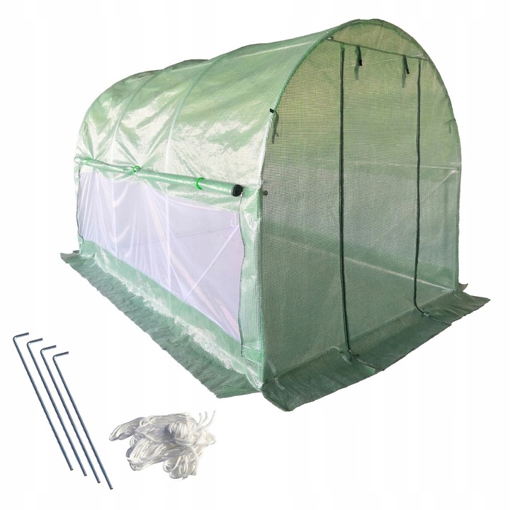 Sera de gradina, tunel de folie, 2x3m, 6m2, Protectie UV 4, 140g/m2, Cadru din otel galvanizat, Verde, plasa pentru insecte