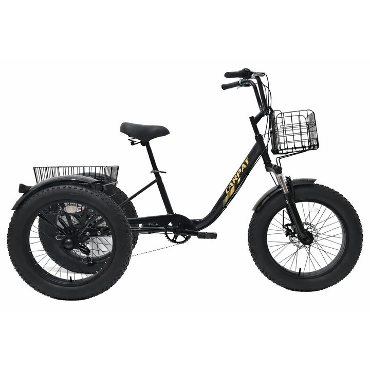 Bicicleta Triciclu cu Roti de 20*4.0, Echipare Shimano, Frana fata V-Brake/spate Tambur, 7 viteze, negru/galben, Tricicleta Fat Bike Carpat Genius cu cadru din Otel si cos fata/spate pentru transport