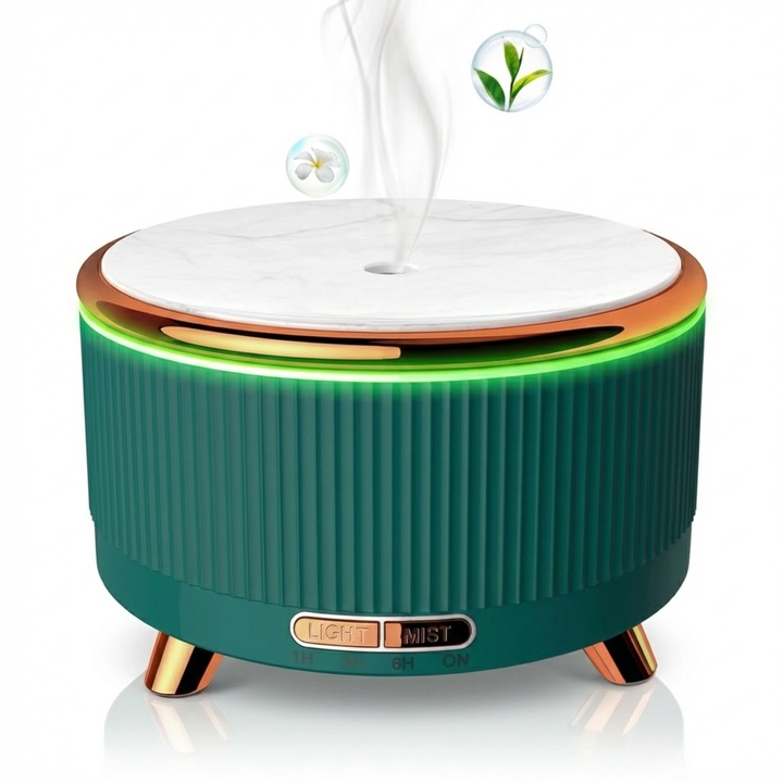 Umidificator de Aer Zetta Innovation®, Aromaterapie, Difuzor de Ulei Esential, Capacitate 500ml, Tehnologie Ultrasunete, 7 Culori LED Ambientale, Timer 1-3-6h, Oprire Automata, Silentios 25dB, Design Marmura Verde