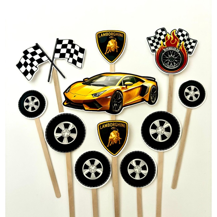 Set toppere tort Lamborghini, DecoParty, 11 figurine, carton, suporti din lemn inclusi